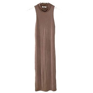 Women's Brown High Neck Sleeveless Ribbed Midi Bodycon Dress S